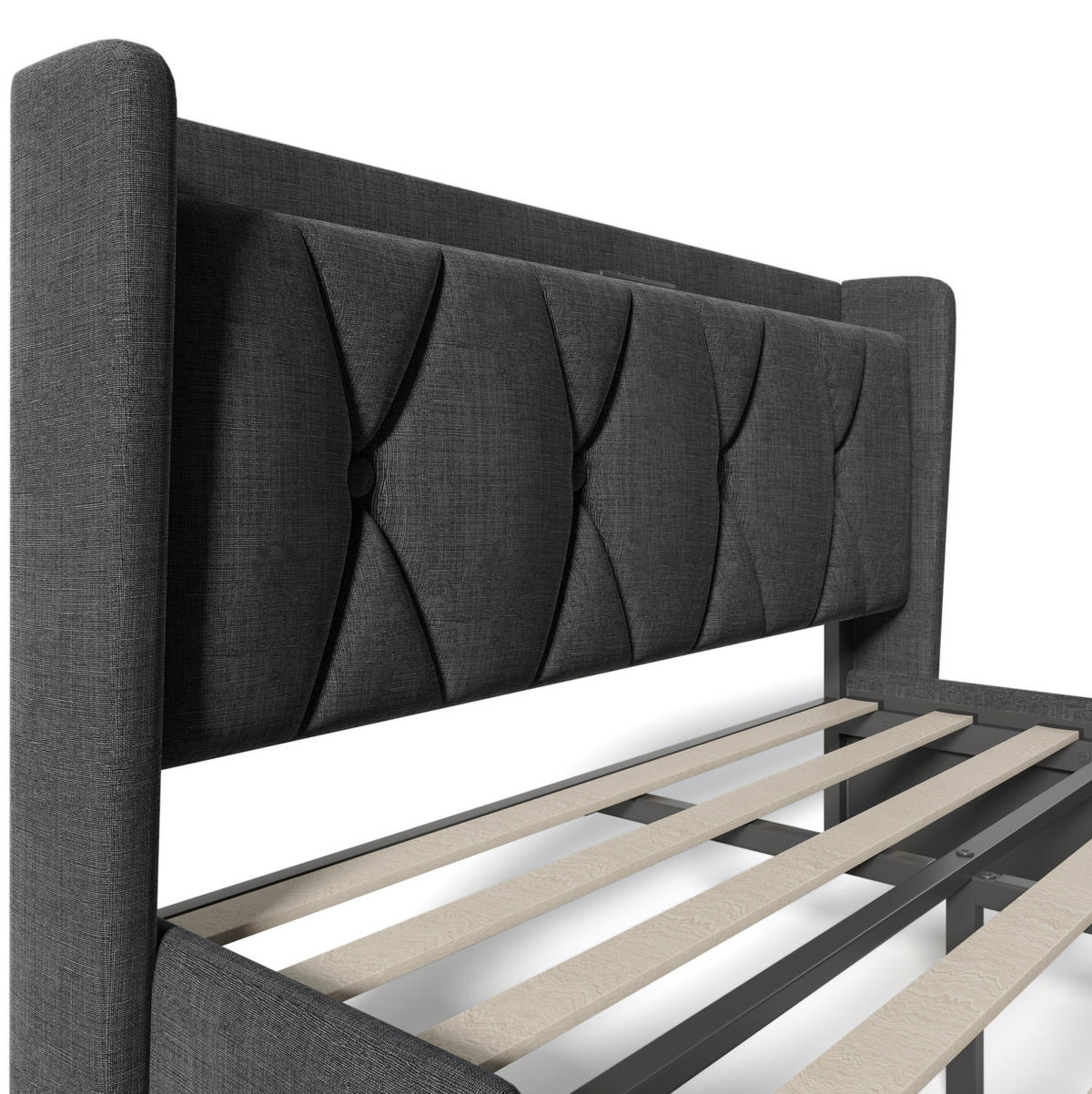 POLNJENA postelja iz lanu 140x200 cm siva z USB priključki, vtičnicami in 4 predali - siva, tekstil (140/200cm) - Modfu