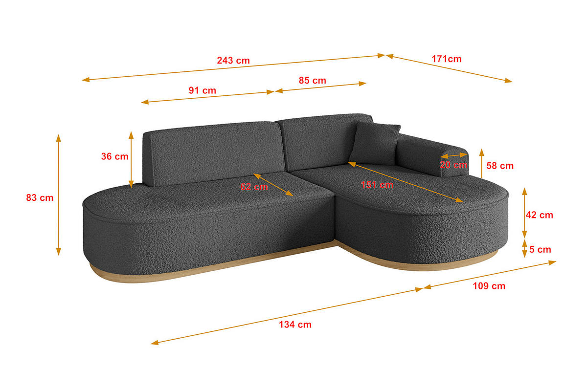 ECKSOFA Ottomane Rechts MARI-L1-v2 - 243x171x83 cm Grau Bouclé - Grau, Holzwerkstoff/Textil (171/243cm) - ALTDECOR