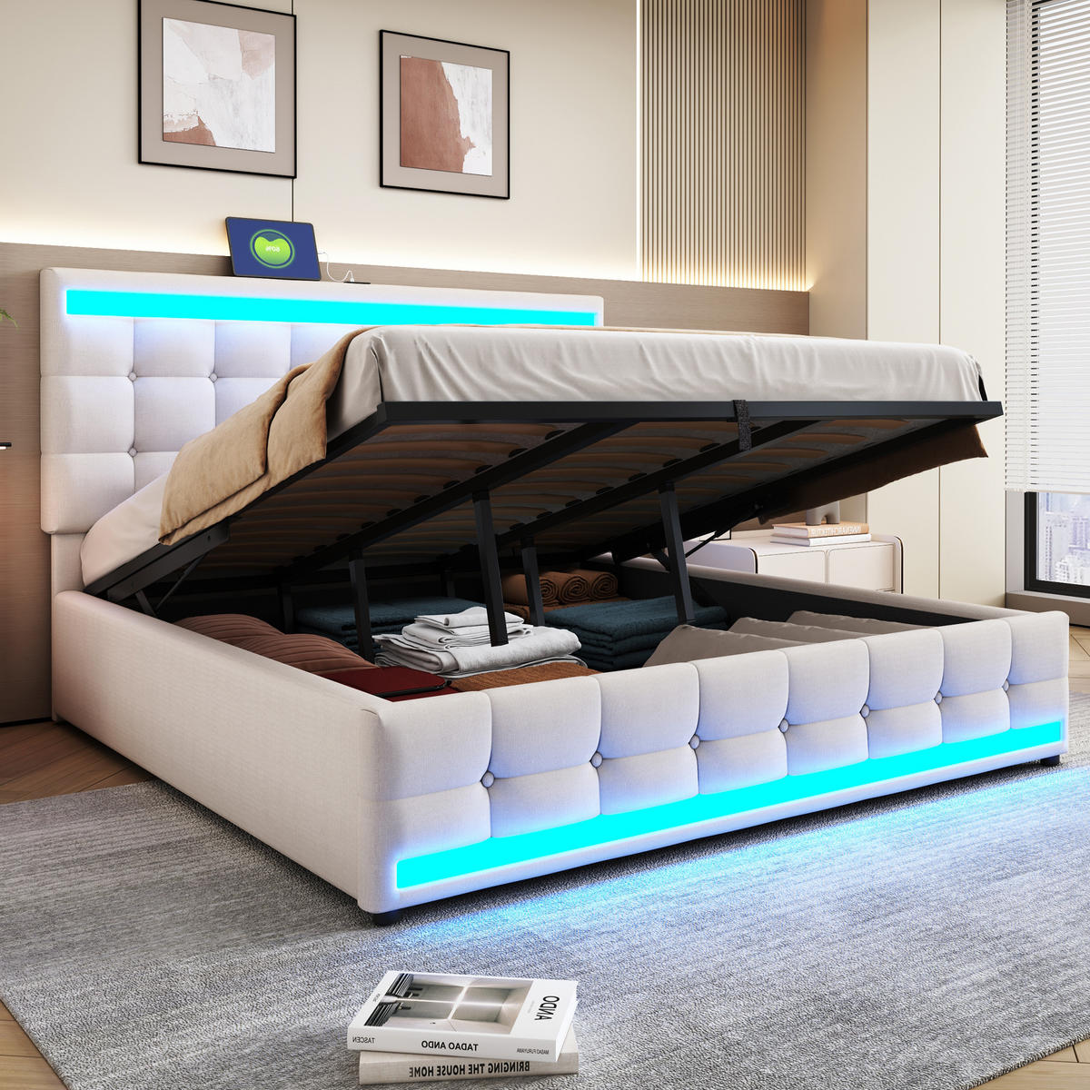 POLSTERBETT 180/200 cm Beige mit LED-Beleuchtung und USB-Anschlüssen - Beige, Textil (180/200cm) - OKWISH