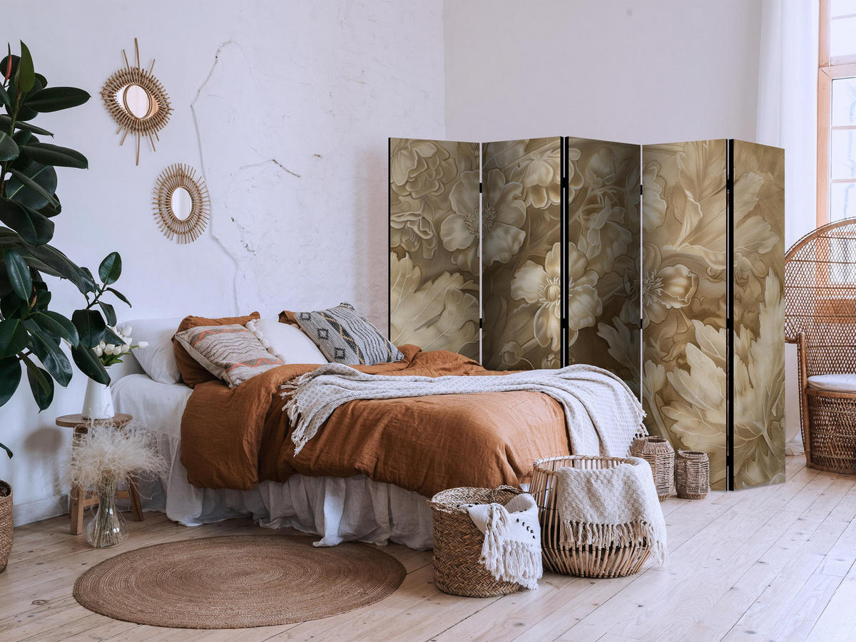 PARAVÁN Akustický 5-dielny 225x172 cm Béžové Kvety - hnedá, drevo/textil (225/172/3cm) - Muralo