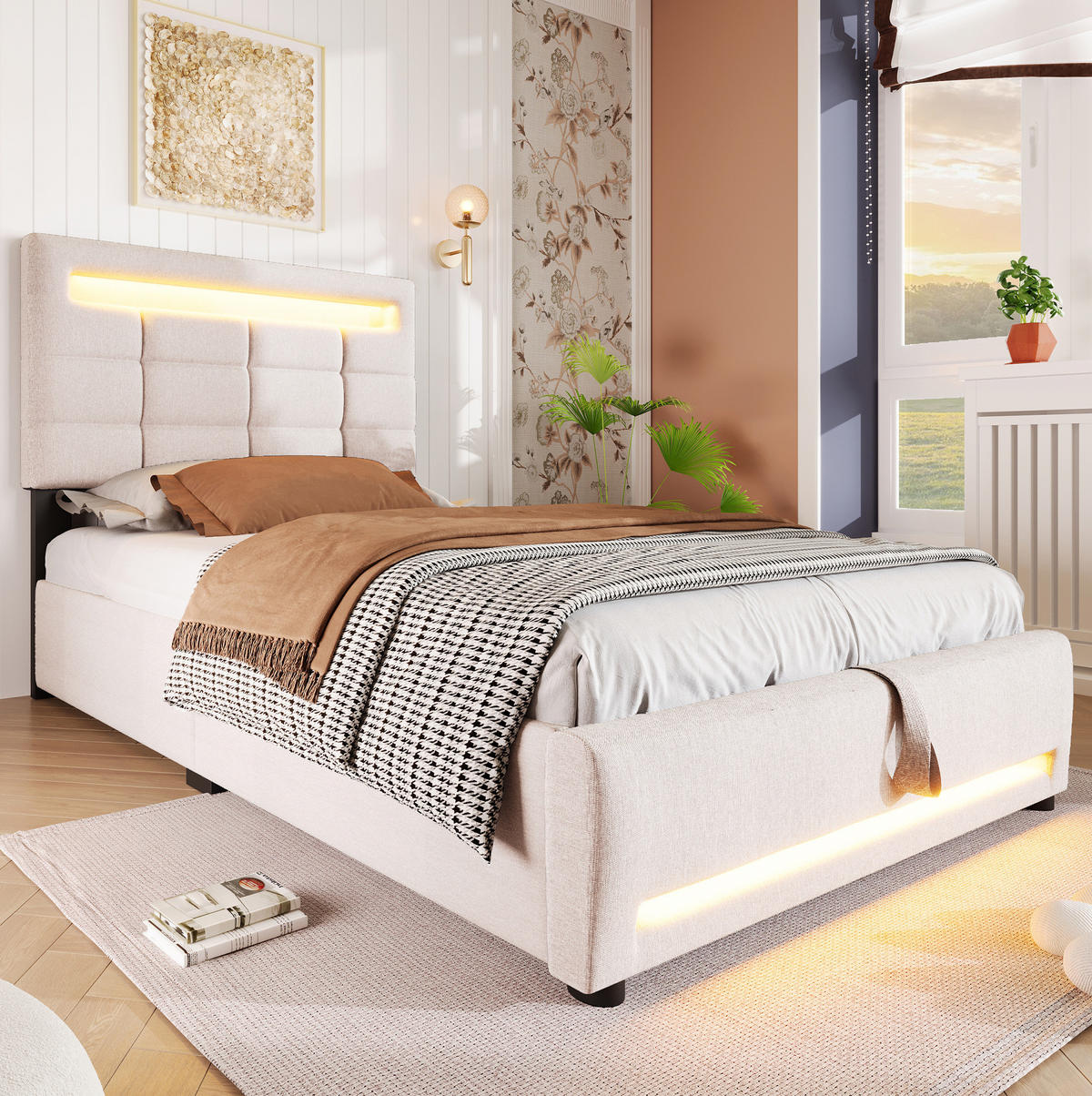 ČALÚNENÁ posteľ z ľanu a MDF 90x200 cm béžová s APP ovládaním, LED osvetlením, USB a hydraulickým úložným priestorom - béžová, textil (90/200cm) - Modfu