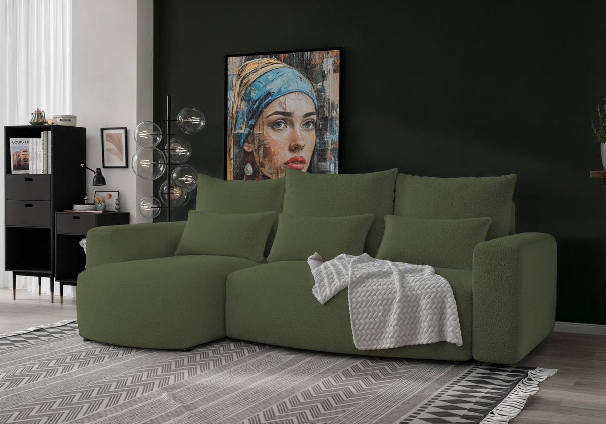 ECKSOFA Travis mit Bettkasten und Schlaffunktion, L-Form, Boucle, Universal - Olivgrün, Holzwerkstoff (248/148cm) - 4ALL HOME
