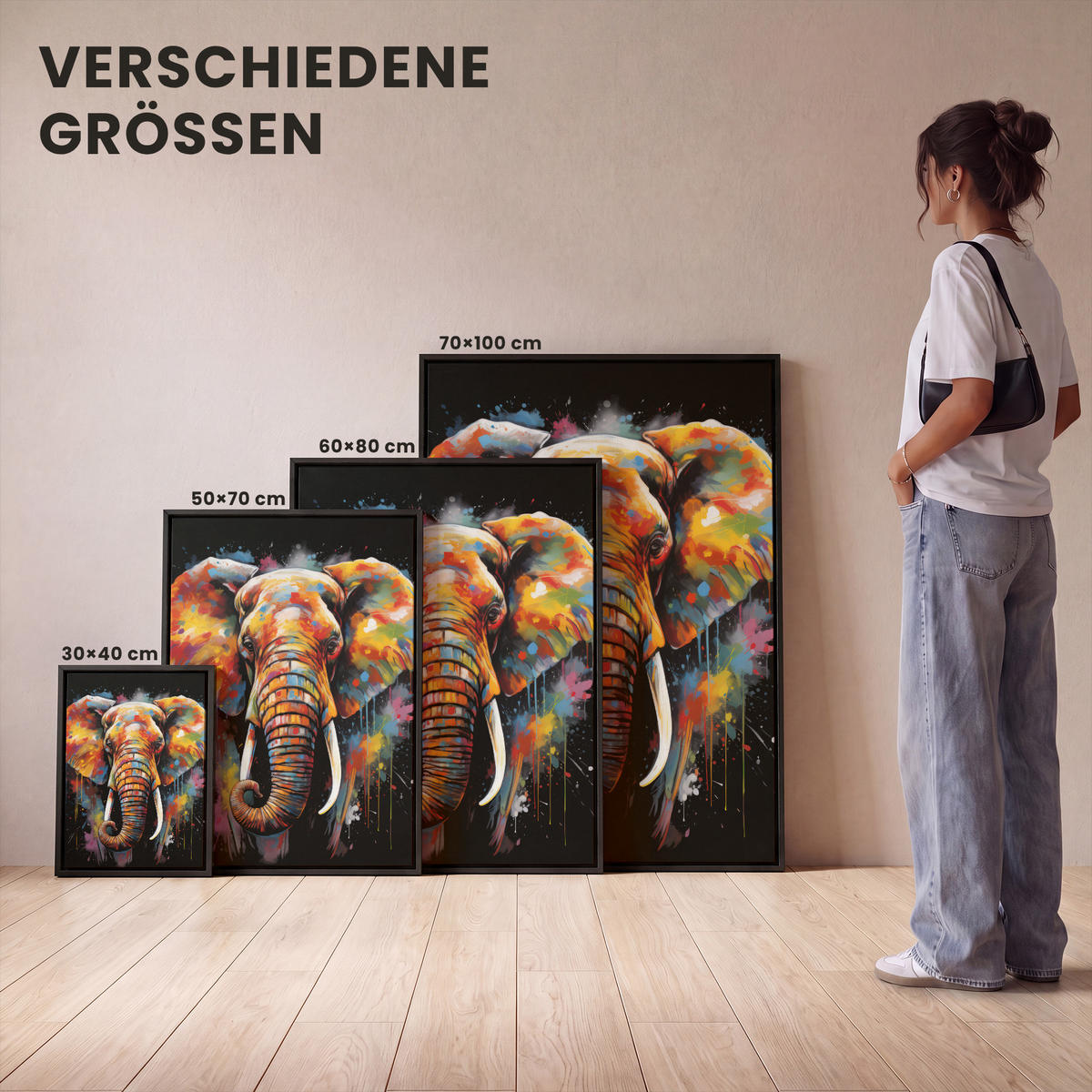 LEINWAND Bilder mit Rahmen - Elefant - Graffiti - Schwarz - Tiere - Farben - 30x40 - Schwarz, Textil (30/40cm) - MuchoWow