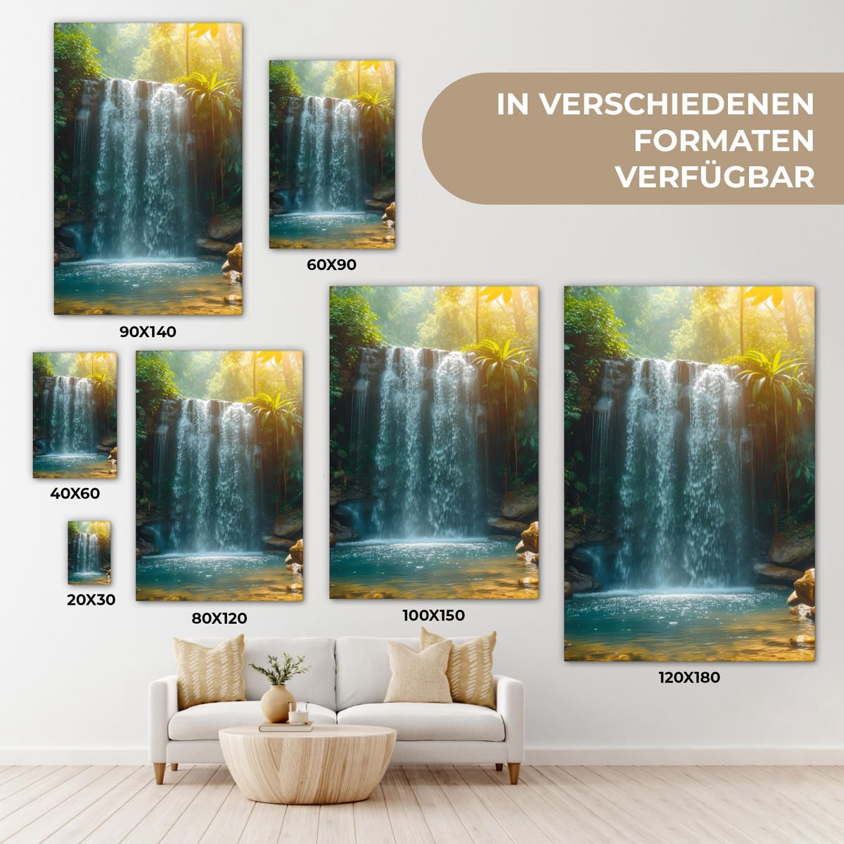 LEINWANDBILD Wasserfall - Dschungel - Sonne - Grün - Natur 80x120 cm - Grün, Textil (80/120cm) - MuchoWow