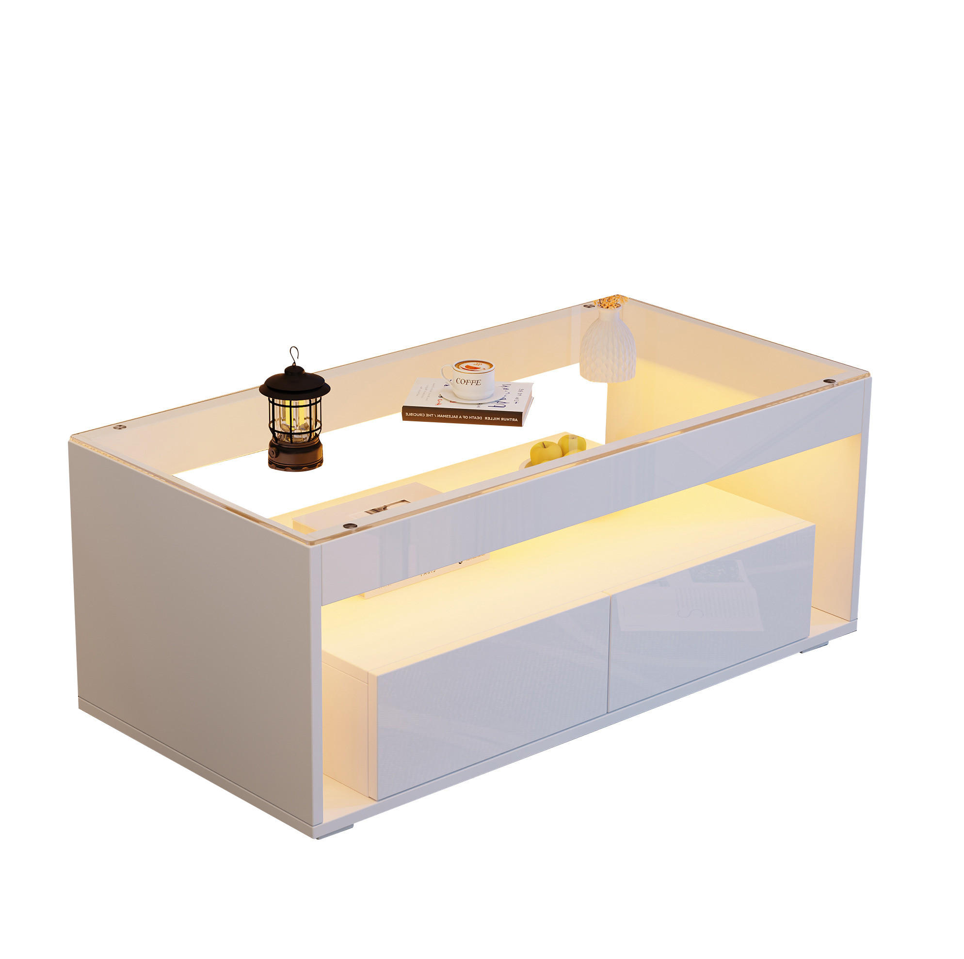 Modfu KONFERENČNÍ stolek z dřevotřísky 100x50x40 cm bílý s LED osvětlením, tvrzeným sklem a 2 zásuvkami