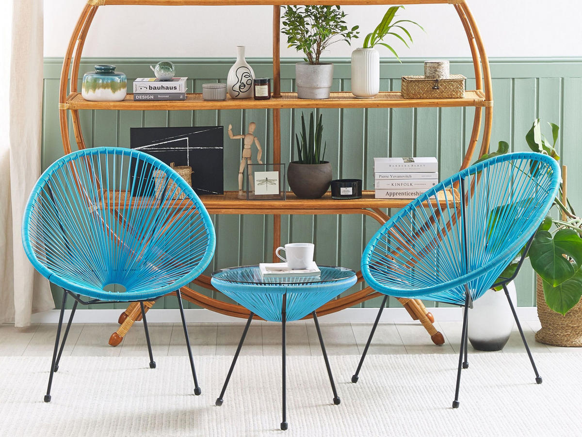 BALKONSET 2-Sitzer Rattan blau Acapulco II - Blau/Schwarz, Kunststoff - Beliani