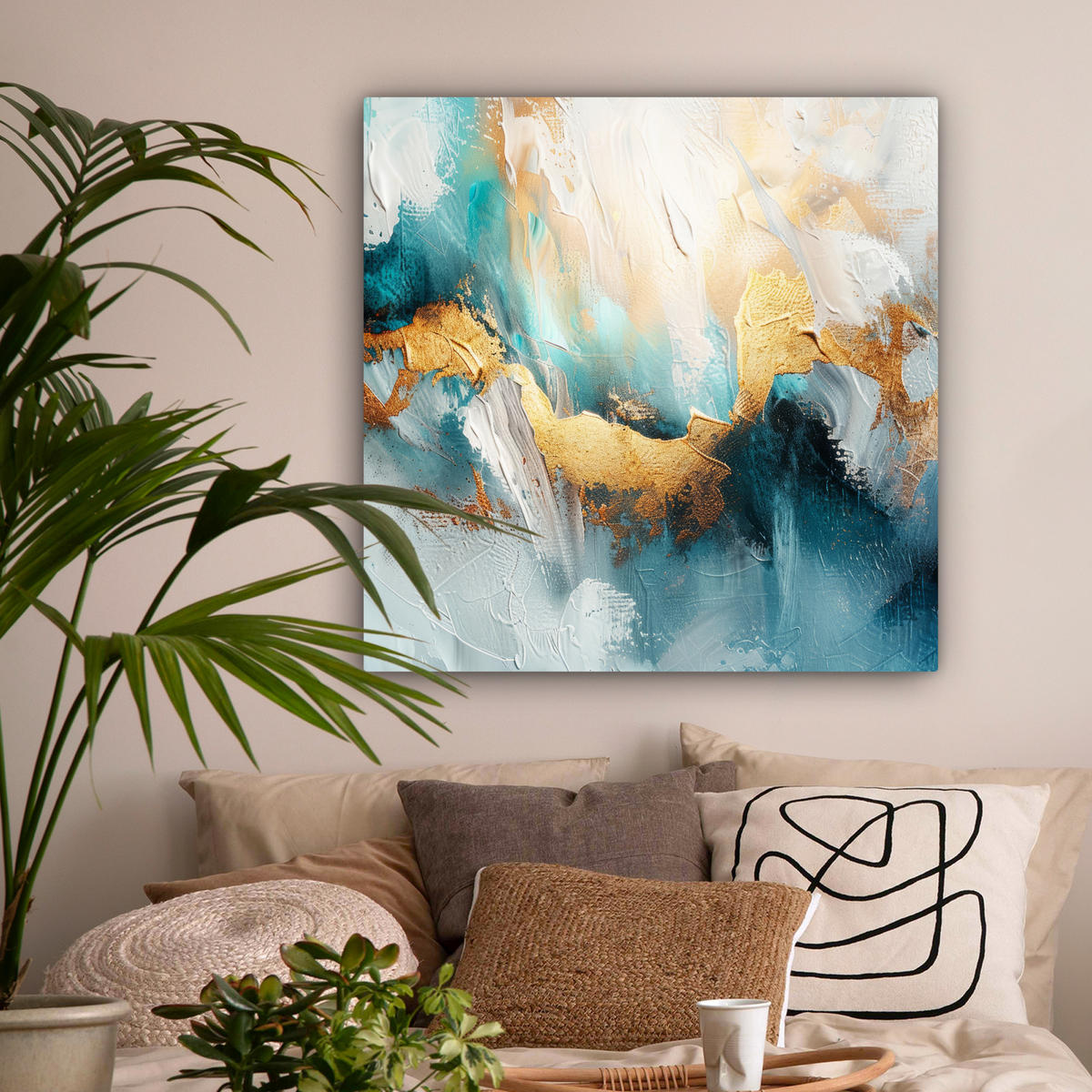 LEINWANDBILD Abstrakt - Kunst - Gold - Blau 90x90 cm - Petrol, Textil (90/90cm) - MuchoWow