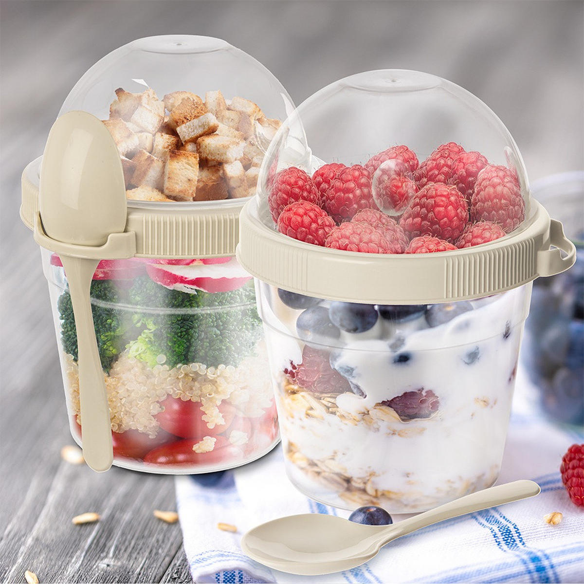 JOGHURTBECHER mit Löffel für die Lunchbox 400 ml 2 Stück. - Cappuccino, Kunststoff (11.5/13.5/10.5cm) - Orion 