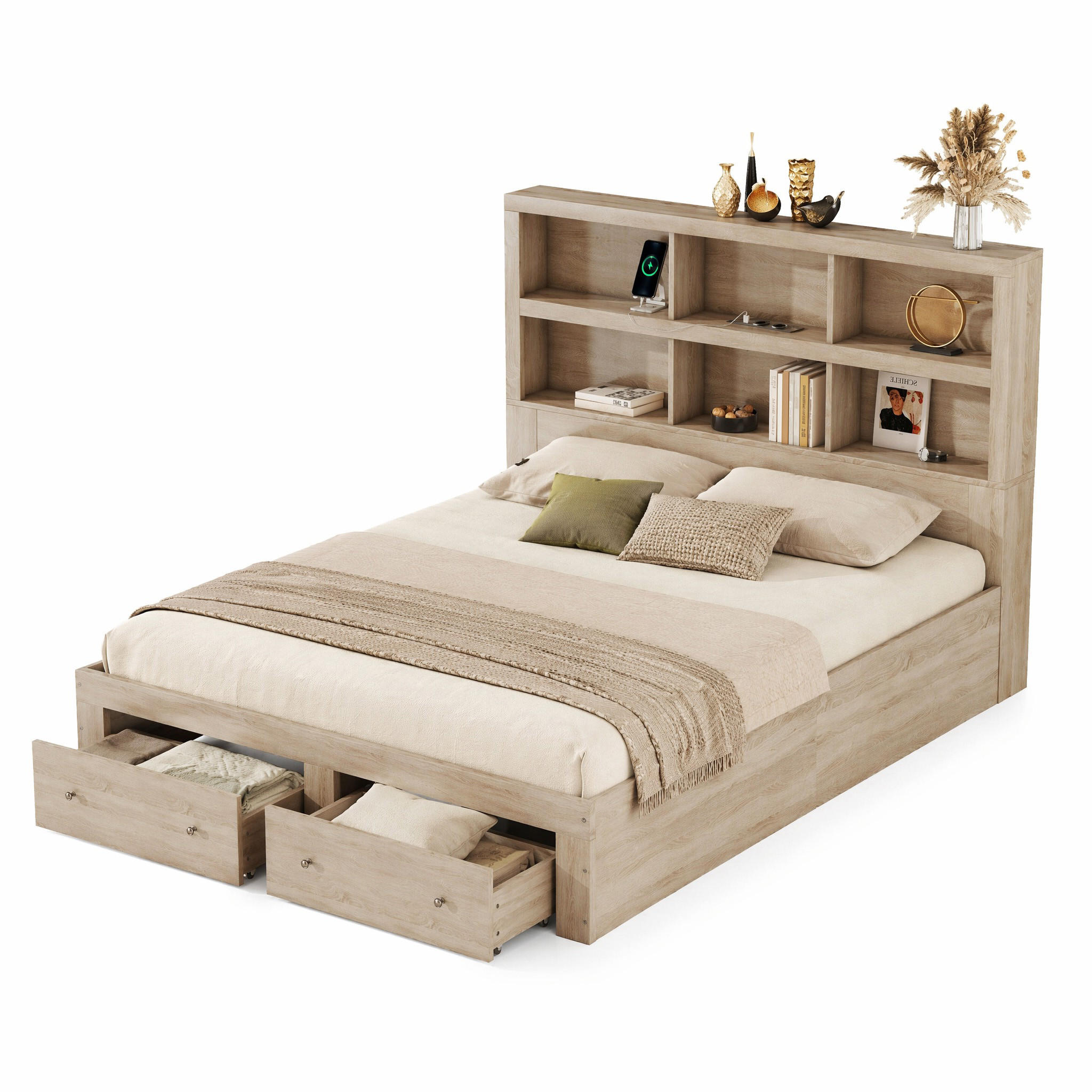 JUGENDBETT 160/200 mit Stauraum, USB und Schubladen in Natur - Naturfarben, Holzwerkstoff (160/200cm) - EVRYAE