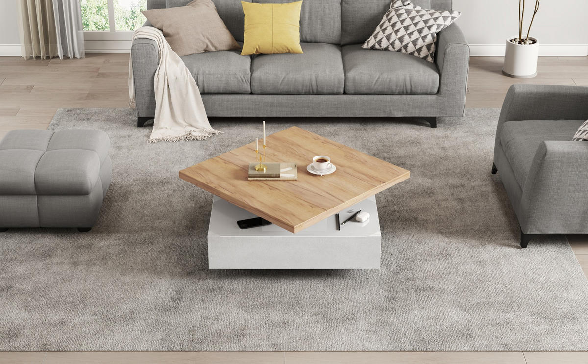 COUCHTISCH 70/70/36 cm mit 360° drehbarer Tischplatte, Schublade und offenem Stauraum, Weiß/Walnuss - Weiß, Holzwerkstoff (70/70/36cm) - Redom