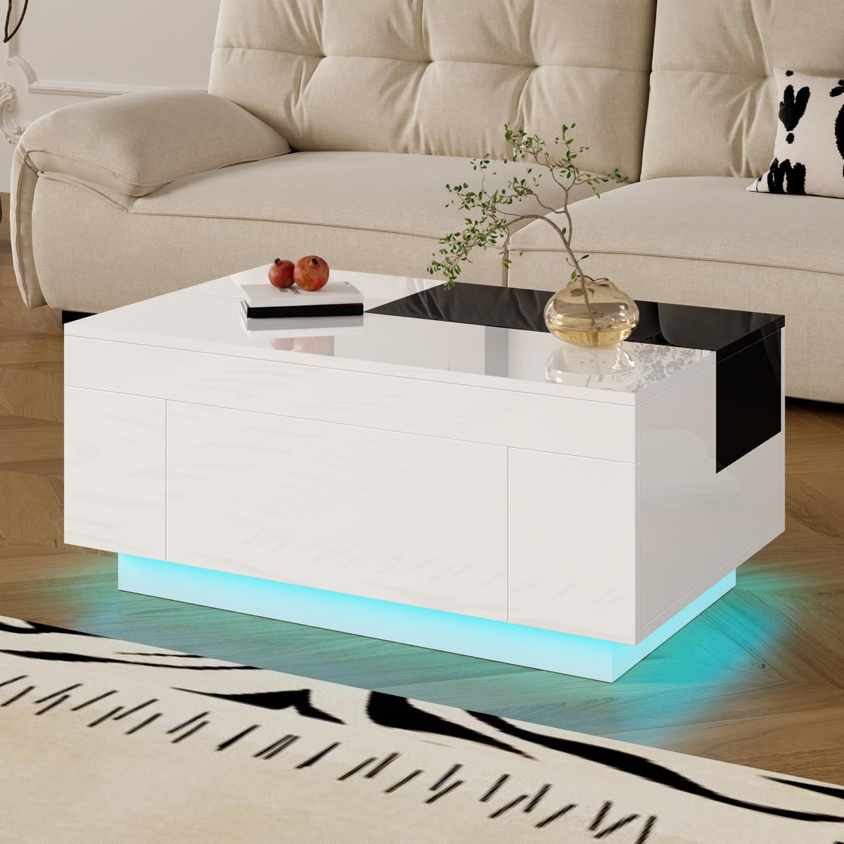 COUCHTISCH Hochglanz LED ausziehbar - Schwarz, Holz (50/80/35.5cm) - Fortuna Lai