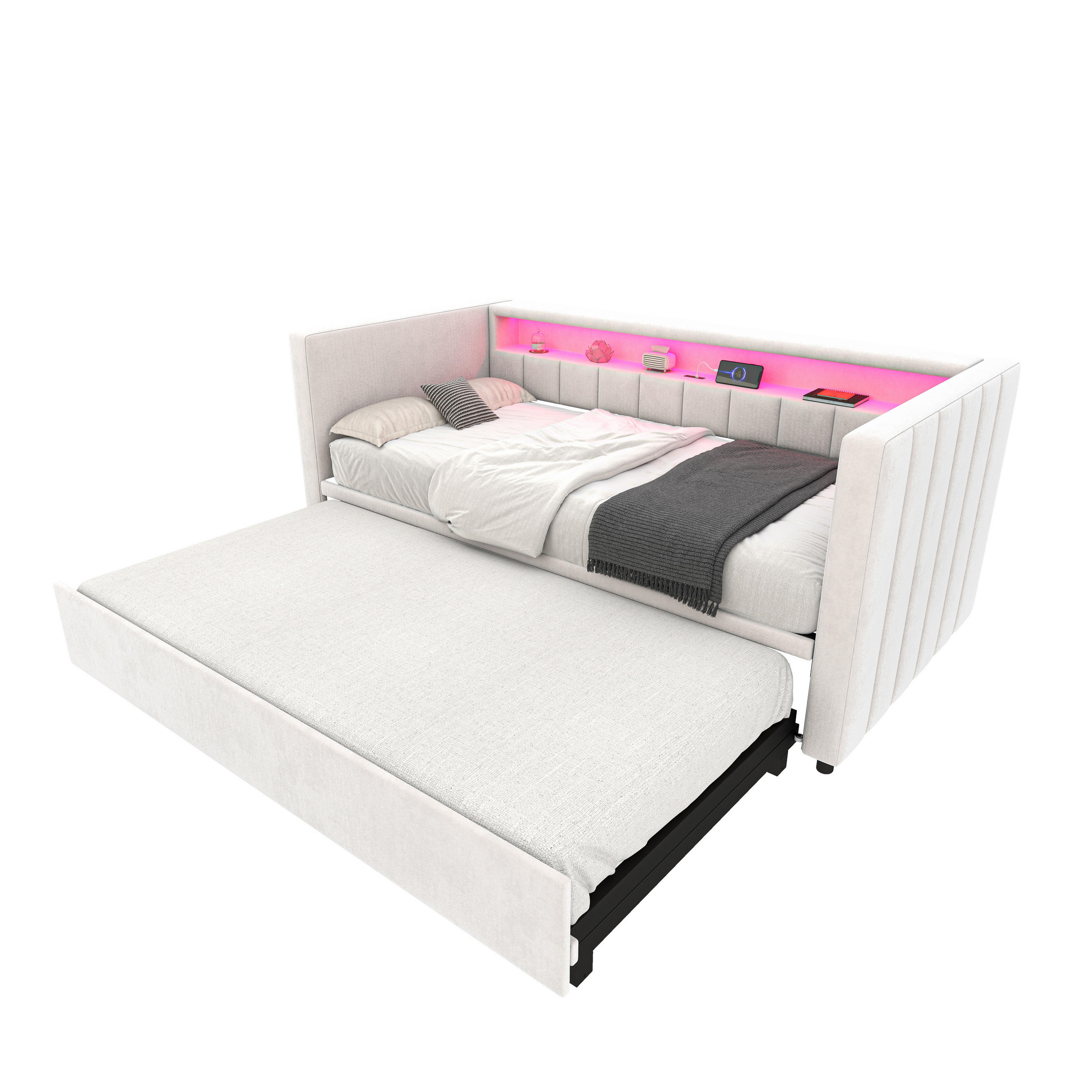 SCHLAFSOFA Beige aus Samt mit ausziehbarem Bett, LED-Beleuchtung und USB-Type-C Ladeanschlüssen - Beige, Textil (100/73/201cm) - Luhomfu