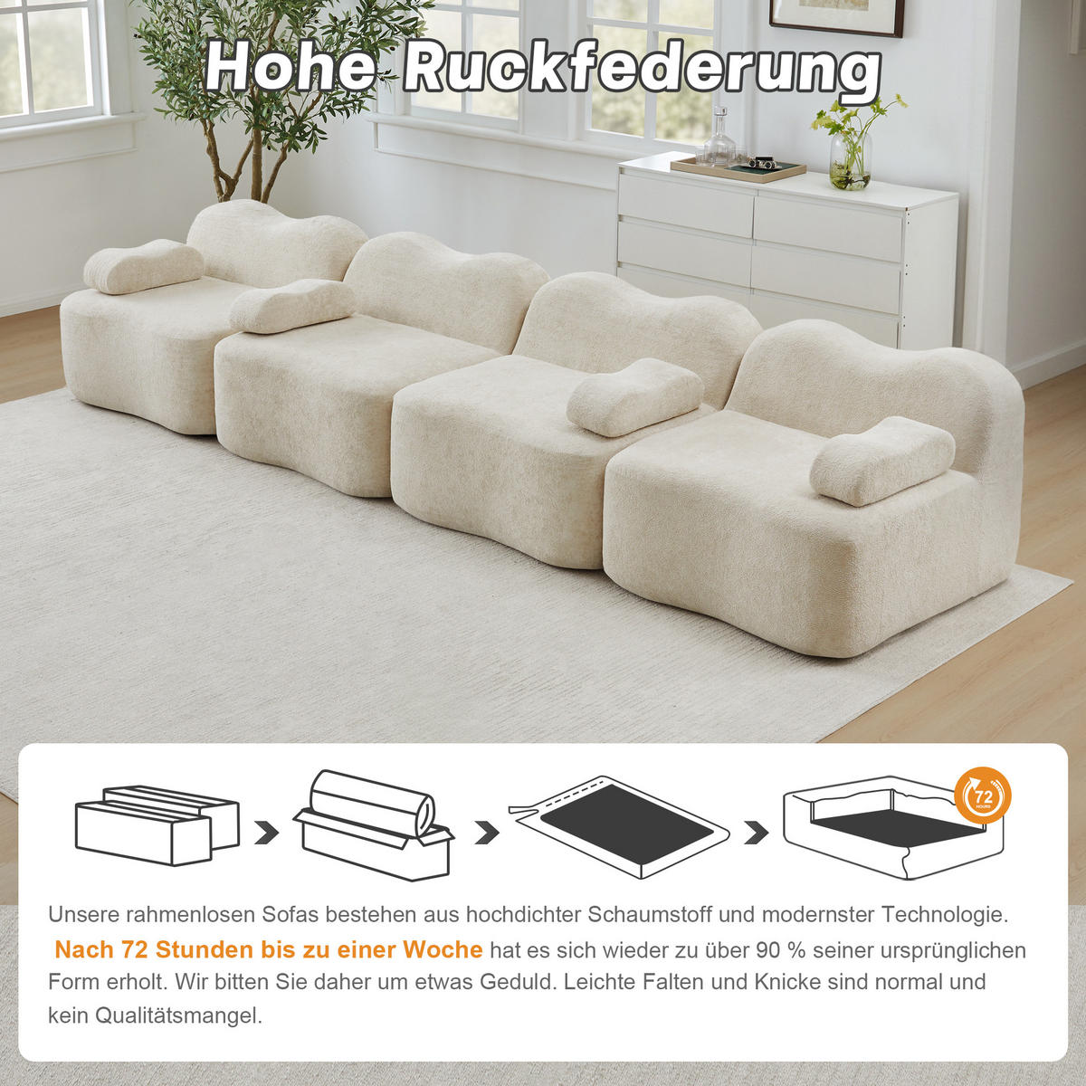 SOFA 384×98×70 cm aus Samt 4-Sitzer rahmenlos modular, beige - Beige, Textil (98/70/384cm) - Luhomfu