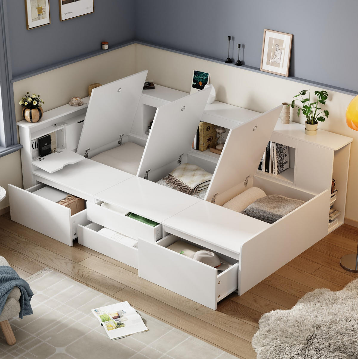 DETSKÁ posteľ 90/200 cm z MDF biela, s úložným priestorom a zásuvkami - biela, kompozitné drevo (90/200cm) - BEAOK