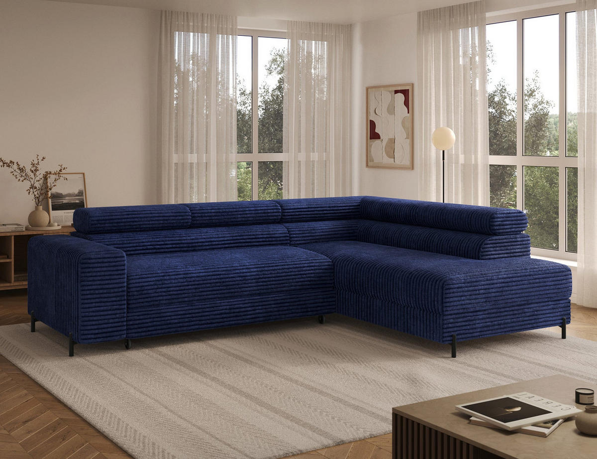 ECKSOFA COLESIO L-Form, Schlaffunktion, Bettkasten, verstellbare Kopfstützen, Wellenfederung, Metallfüße, breiter Cordstoff - Schwarz/Dunkelblau, Kunststoff/Metall (204/269cm) - Wohnideebilder