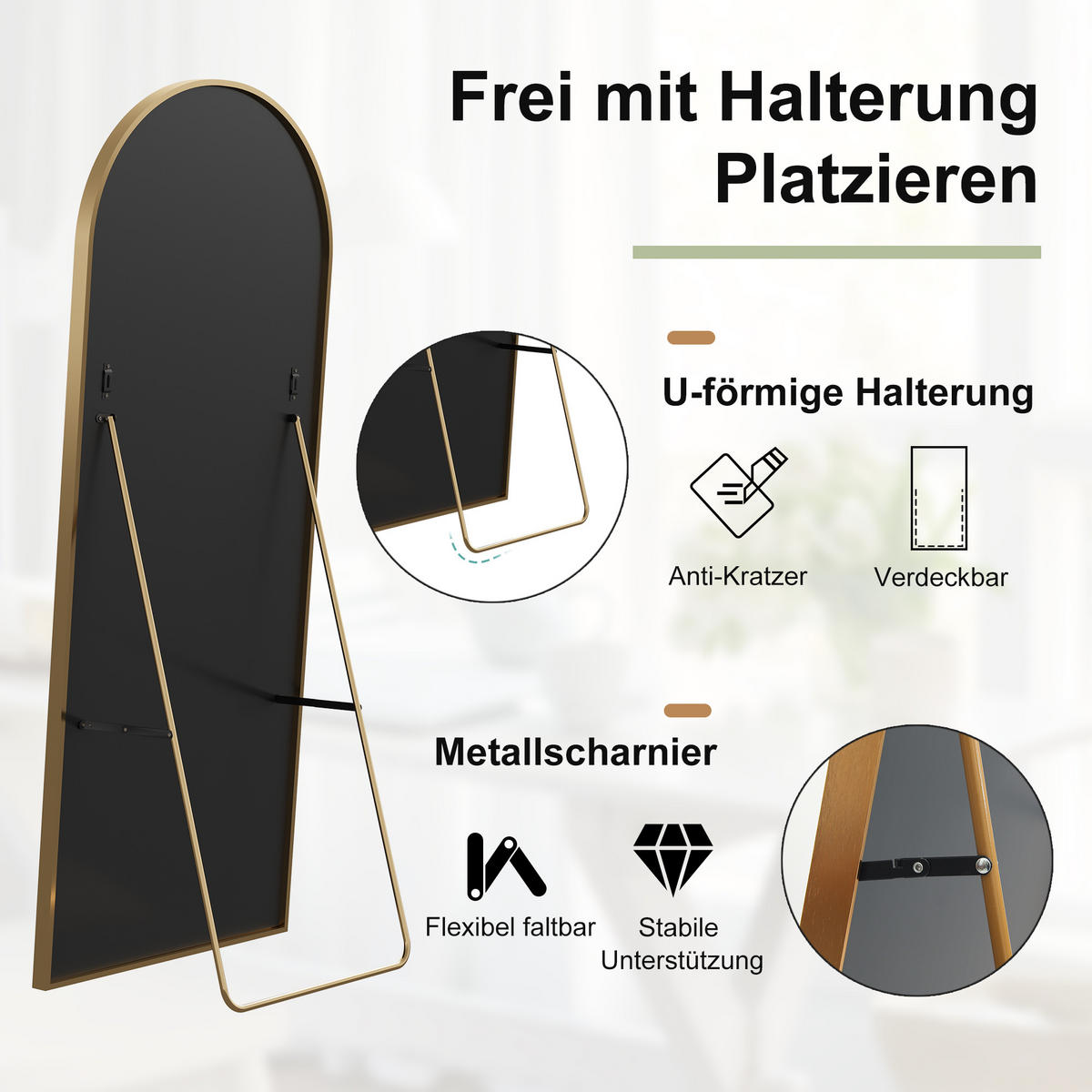 GANZKÖRPERSPIEGEL 54x164 cm, gebogener Aluminiumrahmen, mit explosionsgeschütztem Glas, freistehend oder Wandmontage in Gold - Goldfarben, Glas/Metall (54/2/164cm) - BRILVERDE