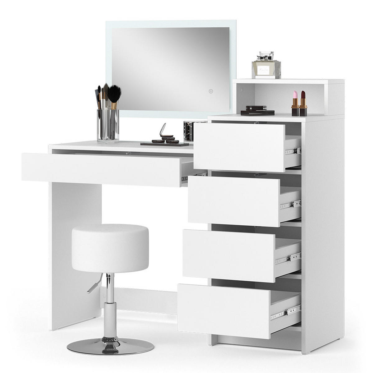 SCHMINKTISCH Naara Weiß 110.5 cm mit LED-Spiegel und Hocker - Weiß, Holzwerkstoff (110.5/100.6/40.3cm) - Vicco