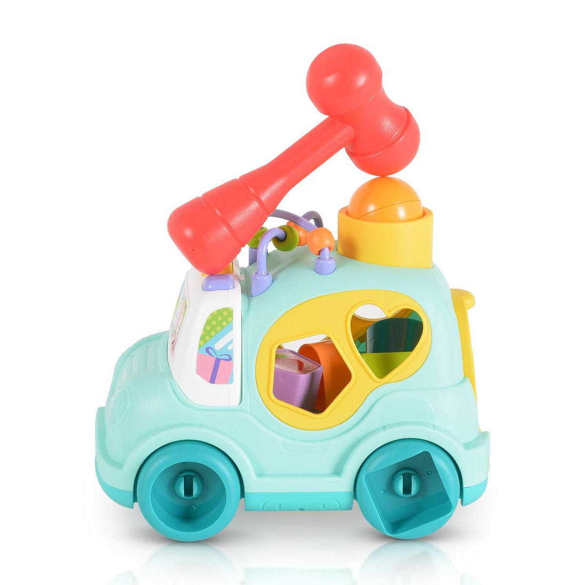SORTIERSPIEL Auto Musik Licht blau 4 Formen, Hammer, Motorikschleife, 3 Bälle, ab 18 Monaten, Stauraum - Blau, Kunststoff (24/15/14cm) - Moni