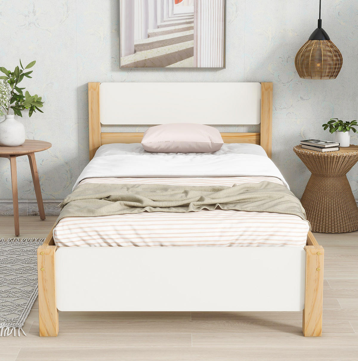 EINZELBETT aus Kiefer und MDF 90x200 cm Weiß/Natur mit 15 Lattenrosten und stabilen Mittelfüßen - Naturfarben, Holz (140/200cm) - Modfu