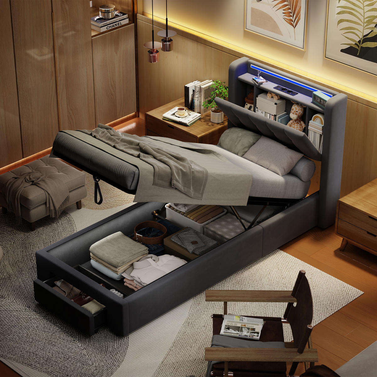 POLSTERBETT 90/190 cm Grau mit LED-Lichtleiste und USB-Anschlüssen - Grau, Holzwerkstoff (90/190cm) - OKWISH