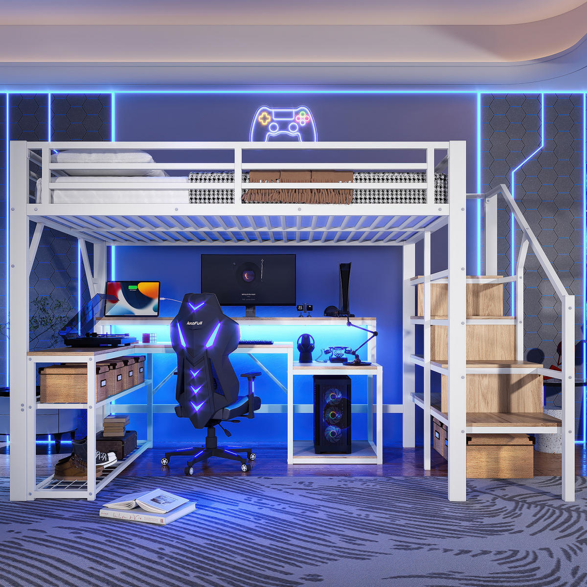 HOCHBETT 140x200cm Weiß Metall LED-Licht Schreibtisch USB - Weiß, Metall (140/200cm) - FLIEKS