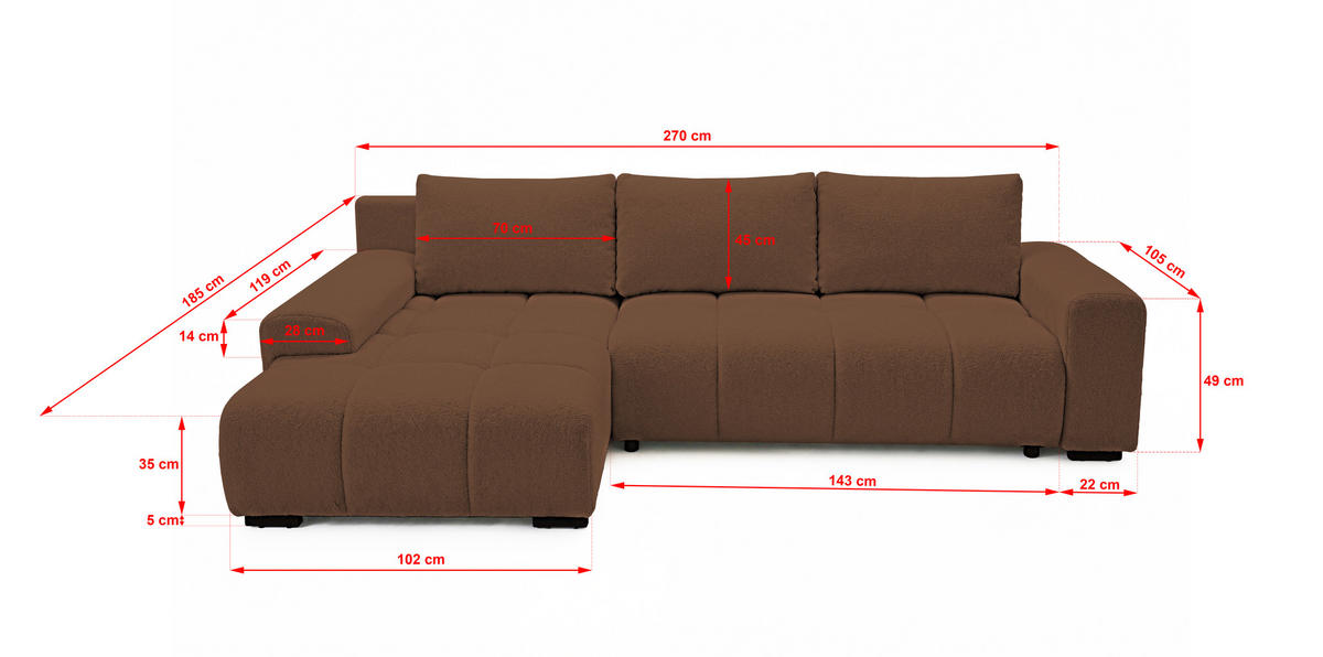ECKSOFA Ovia mit Bettkasten und Schlaffunktion, Bouclé-Stoff in L-Form - Braun, Textil (270/185cm)