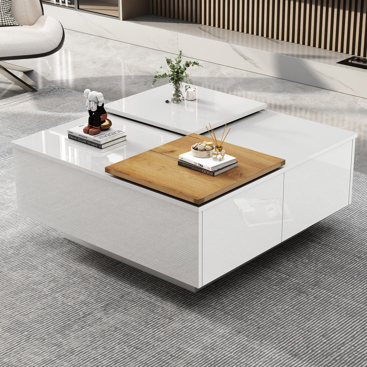 COUCHTISCH, weißer Hochglanz-Couchtisch aus Spanplatte mit verschiebbaren Ablageplatten, belastbar 30 kg, 75/75/33,5 cm,weiß - Weiß, Holzwerkstoff (75/75/33.5cm) - Redom