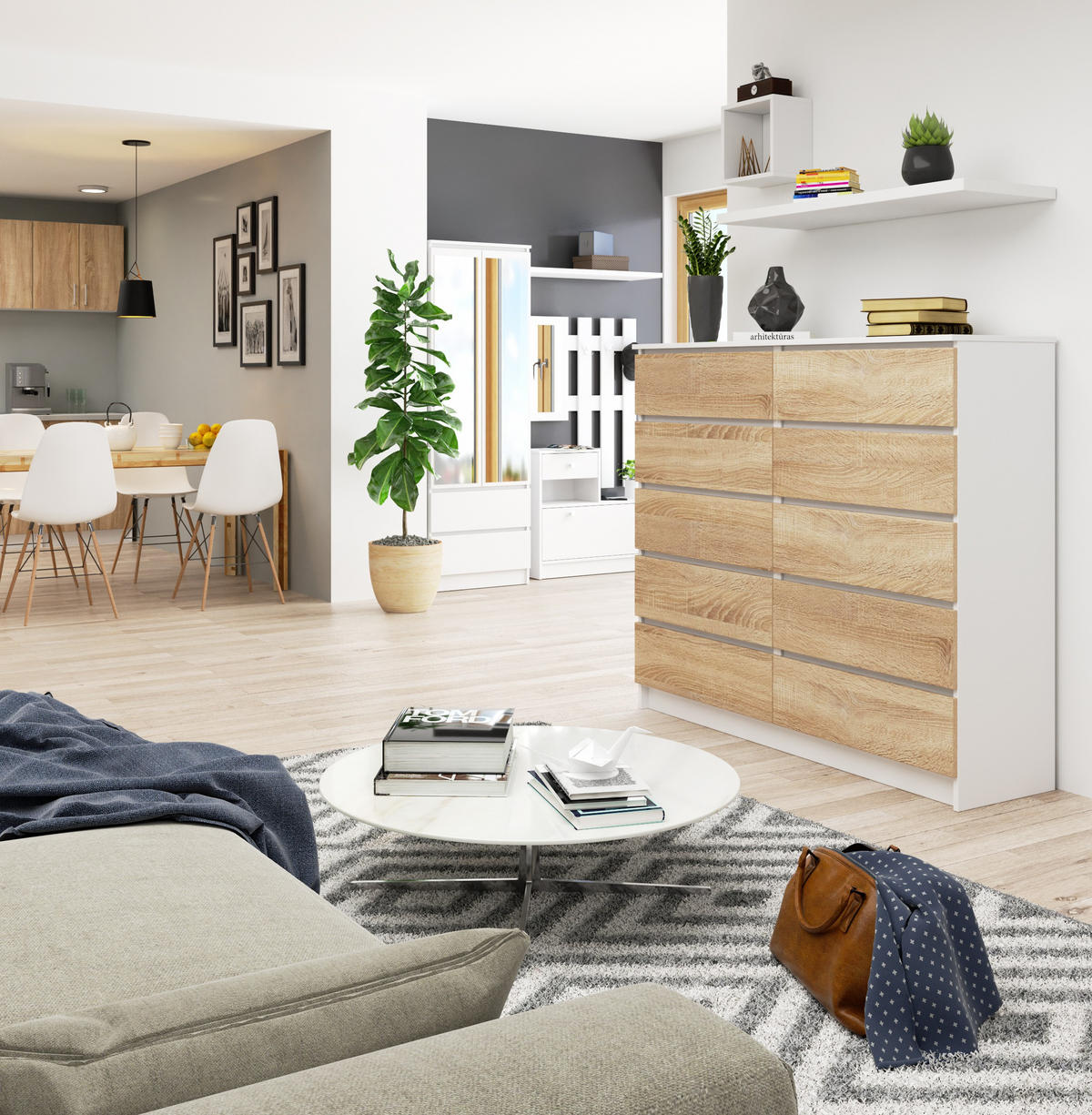 KOMODE, bela, hrast sonoma 121/138/40 - bela, leseni material (138/121/40cm) - RAUMHIRSCH FURNITURE