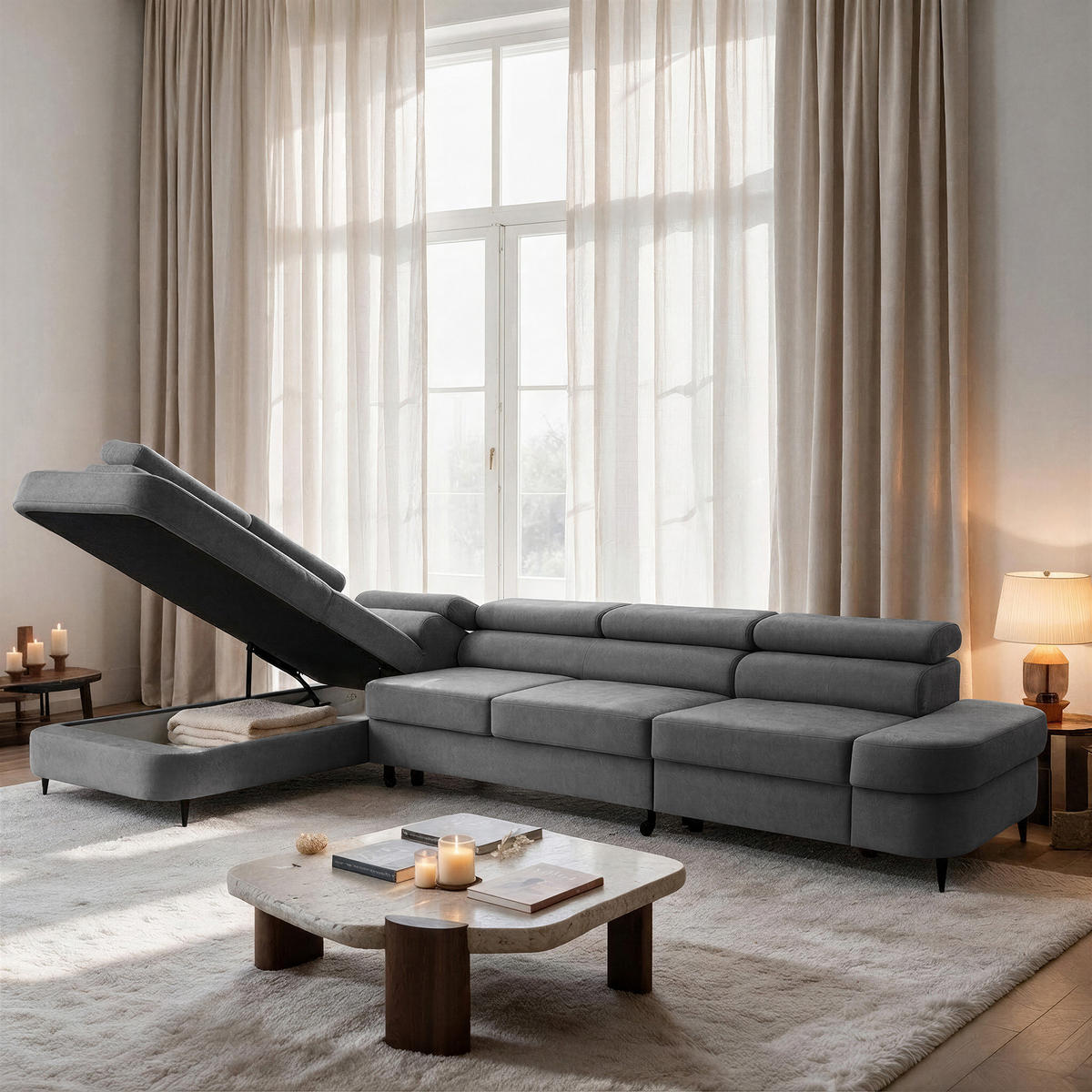 ECKSOFA PRIAM MAXI L-Form Links mit Schlaffunktion 125x195 Velours Grau - Schwarz/Grau, Holz/Textil (203/350cm) - Muffo