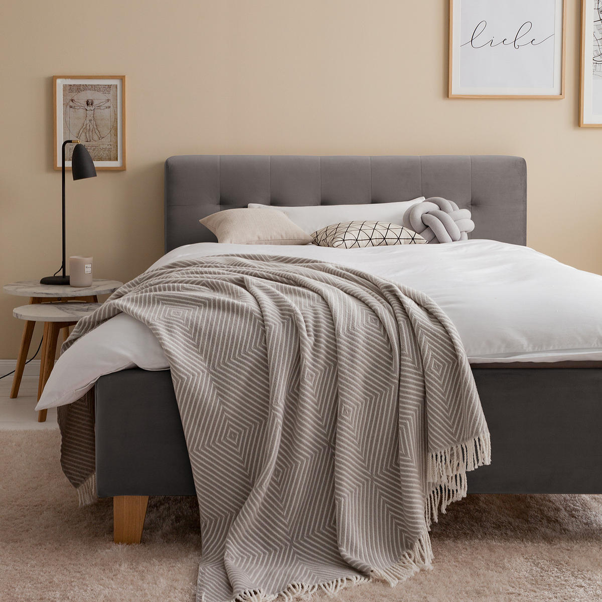 POLSTERBETT - Samt - Dunkelgrau, Holz/Textil (140/200cm) - home24