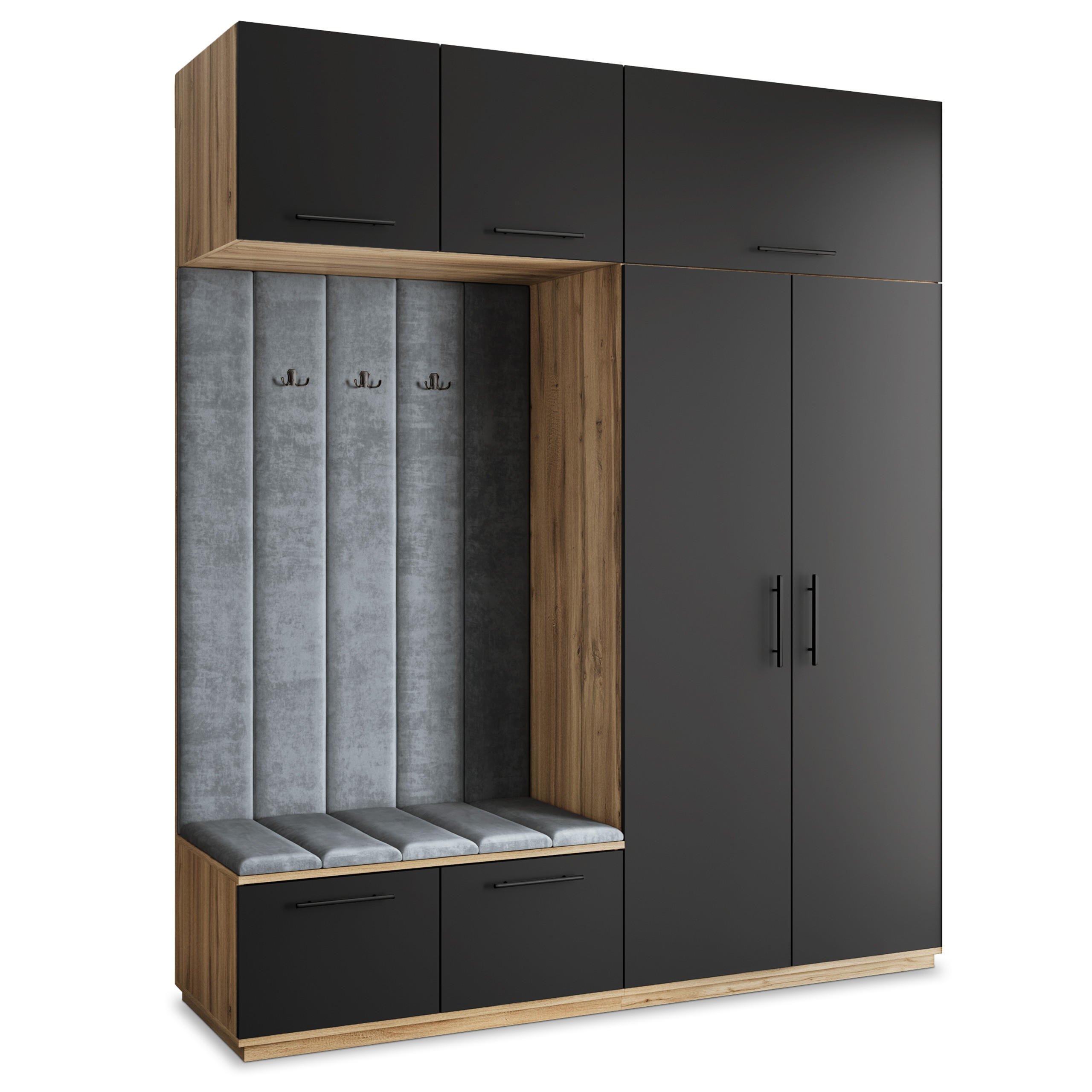 Masseno Garderobenschrank Eiche Wotan, Schwarz, Grau 200x240x60 cm