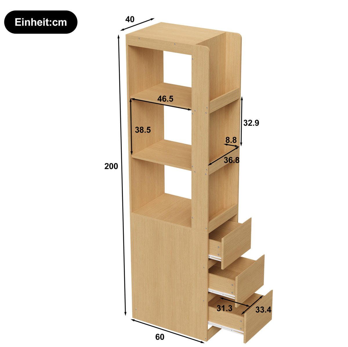 ORGANIZÉRY do kuchynských skriniek z drevotriesky, 60/40/200 cm dub, s 3 otvorenými priehradkami a 3 zásuvkami - farba duba, kompozitné drevo (60/200/40cm) - BEAOK