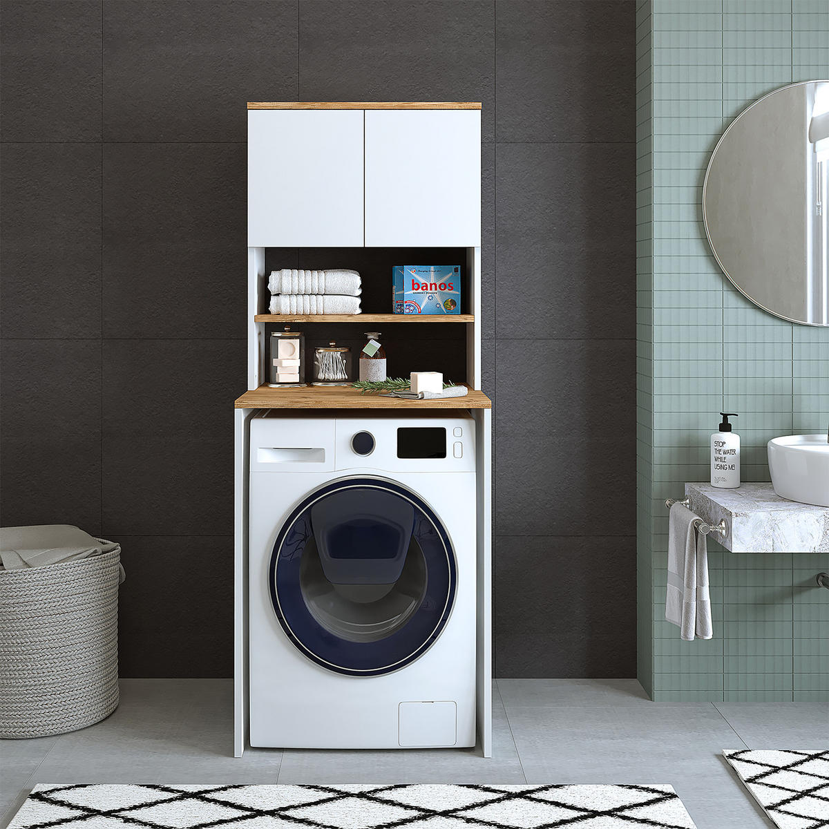 WASCHMASCHINENSCHRANK Atlantic III 65cm Breit, 181cm Hoch - Eiche Bianco, Holzwerkstoff (65/181/60cm)