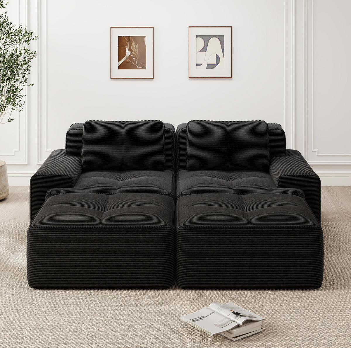 SOFA modular mit Tiefsitz 74 cm Cord Schwarz - Schwarz, Kunststoff (177/69/204.1cm) - Meubliv