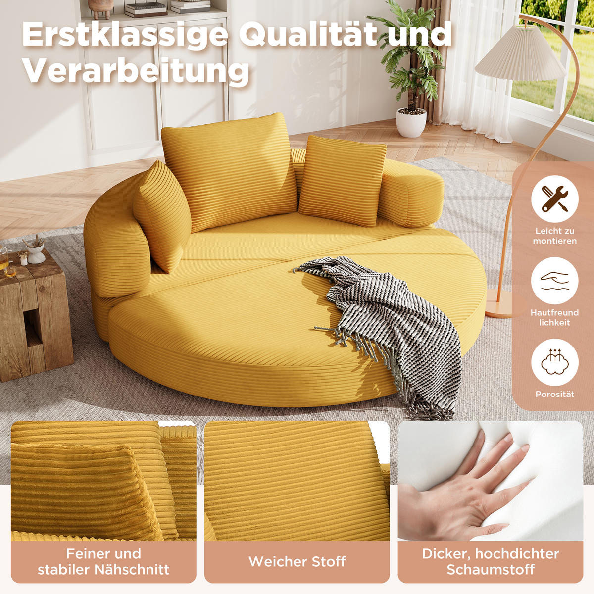 SCHLAFSOFA 173/88/60 cm Gelb mit 3 Kissen - Gelb, Textil (176/40/173cm) - Oxeza