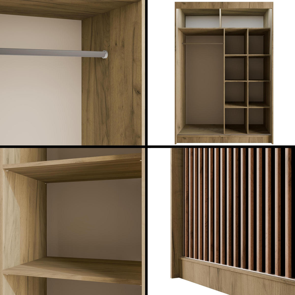 KLEIDERSCHRANK mit LED, Lamel-Schiebetüren VILANv2 - 150 cm Eiche Kraft + Lamelle Eiche Wotan - Hellbraun/Eiche Wotan, Holzwerkstoff (150/215/61cm) - ALTDECOR