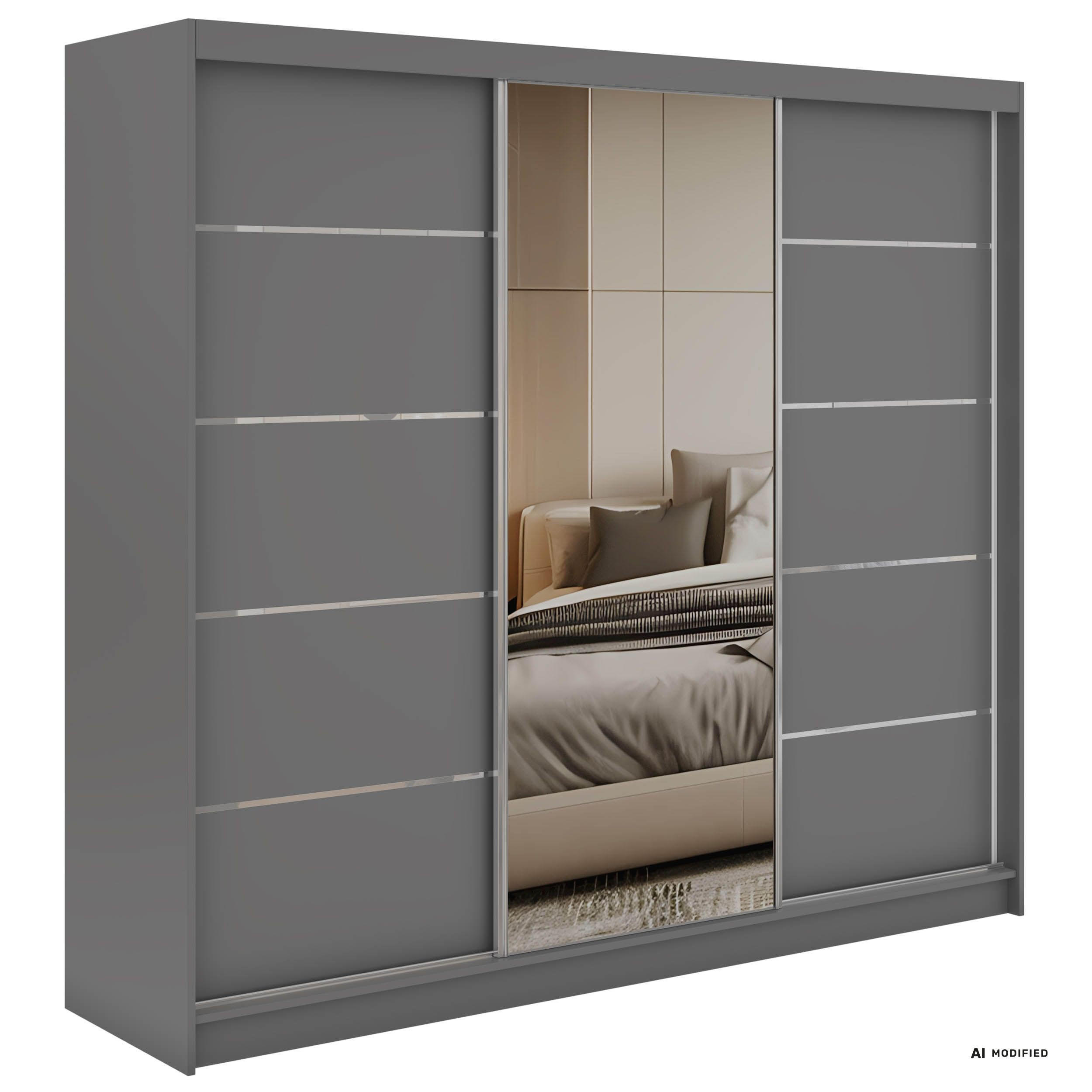 SCHWEBETÜRENSCHRANK 240 - SKORIA - Grau mit Spiegel - Alufarben/Grau, Holzwerkstoff/Metall (240/216/61cm) - MKS