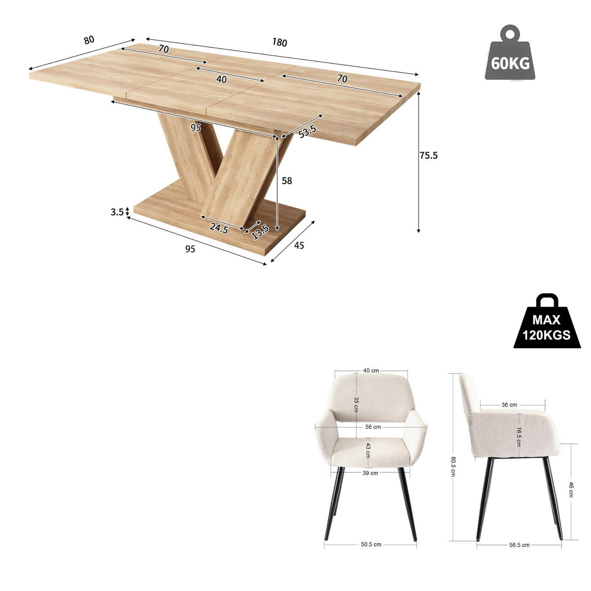 ESSTISCH-SET 1+6, ausziehbarer Tisch mit 6 Esszimmerstühlen - Eichefarben/Schwarz, Holzwerkstoff (180/75.5/80cm) - Urban Meuble