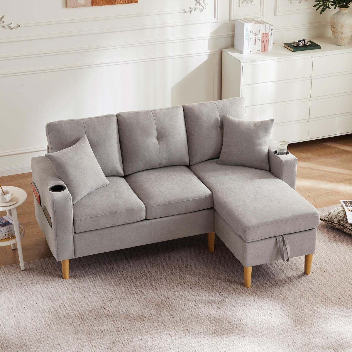 SOFA 3-Sitzer L-Form Chaiselongue Stauraum Getränkehalter - Grau, Holz (129/175cm) - FLIEKS