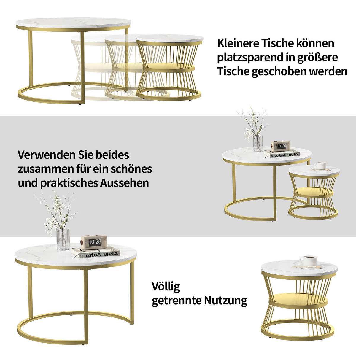 COUCHTISCH rund 2er Set Gold mit Marmoroptik, für Wohnzimmer und Schlafzimmer - Goldfarben, Metall (70/70/45cm) - PARAFTA HOME