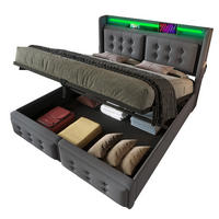 POLSTERBETT 160/200 cm mit LED-Kopfteil, Steckdose, USB-C und Bettkasten aus Baumwoll-Leinenstoff, Grau - Grau, Textil (160/200cm) - Redom