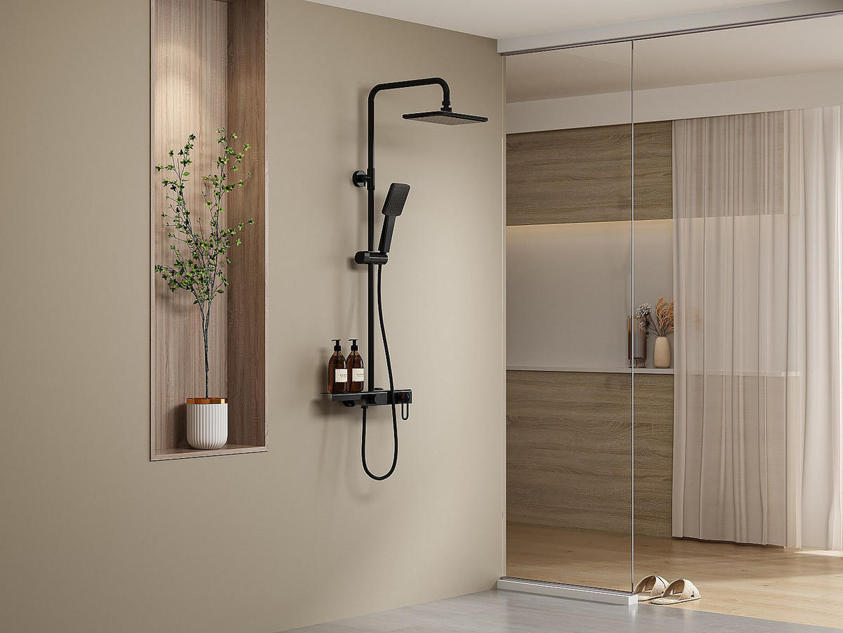 DUSCHSÄULE mit Ablage - Edelstahl - Schwarz matt - Höhenverstellbar - JIZEO - Schwarz, Metall (40/126/35.5cm) - Vente-Unique