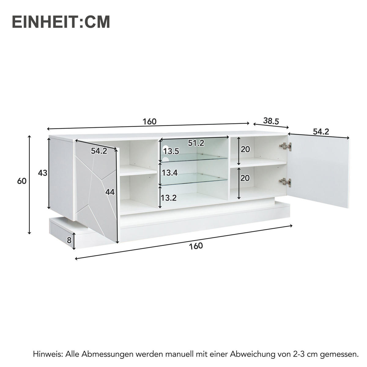 TV-ELEMENT 160 cm Weiß Matt mit verstellbarer Glasablage - Weiß, Holzwerkstoff (38.5/60/160cm) - Korfee