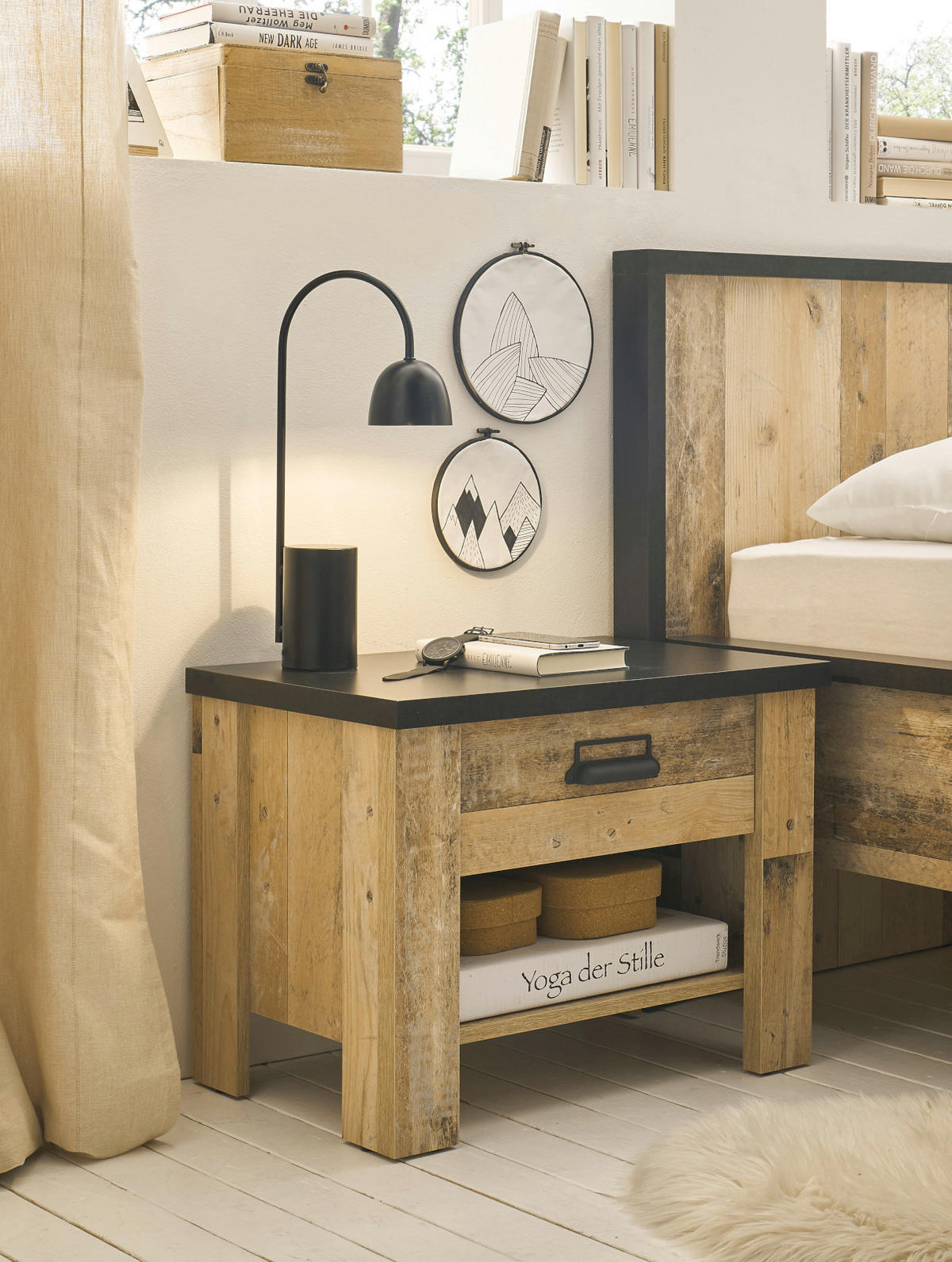 NACHTTISCH Used Wood hell, dunkles Grau 60 x 46 cm, Nachtkommode mit Schubkasten und Soft-Close - Dunkelgrau/Schwarz, Holzwerkstoff/Kunststoff (60/46/39cm) - Furn.Design