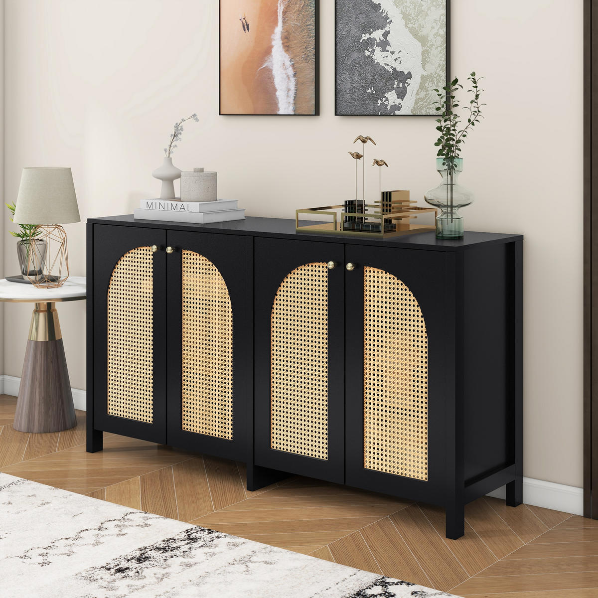 SIDEBOARD 145/40/80 cm Schwarz aus MDF mit 4 Rattantüren - Schwarz, Holzwerkstoff (145/40/80cm) - OKWISH