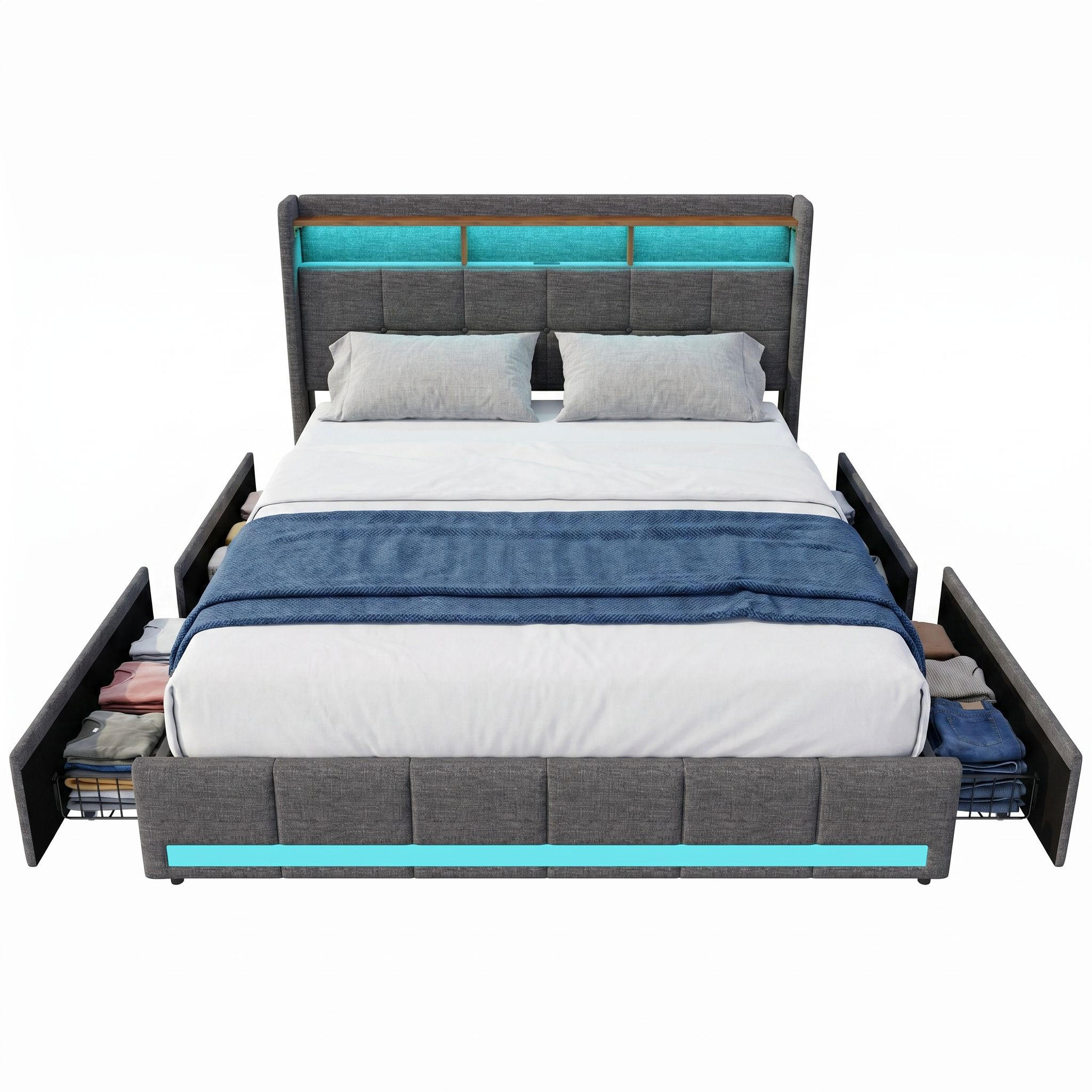 POLSTERBETT 140/200cm, mit 4 Schubladen, LED, USB-Anschluss, aus Leinen, grau - Grau, Textil (140/200cm) - Waldena