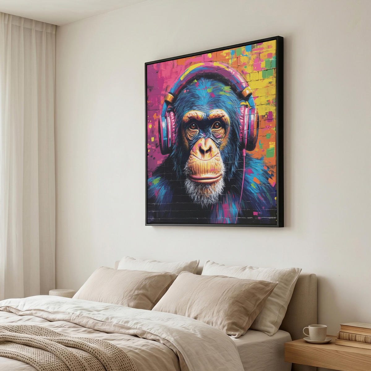 LEINWAND Bilder mit Rahmen - Graffiti - Schimpanse - Straßenkunst - Kopfhörer - Affe - 90x90 - Blau, Textil (90/90cm) - MuchoWow