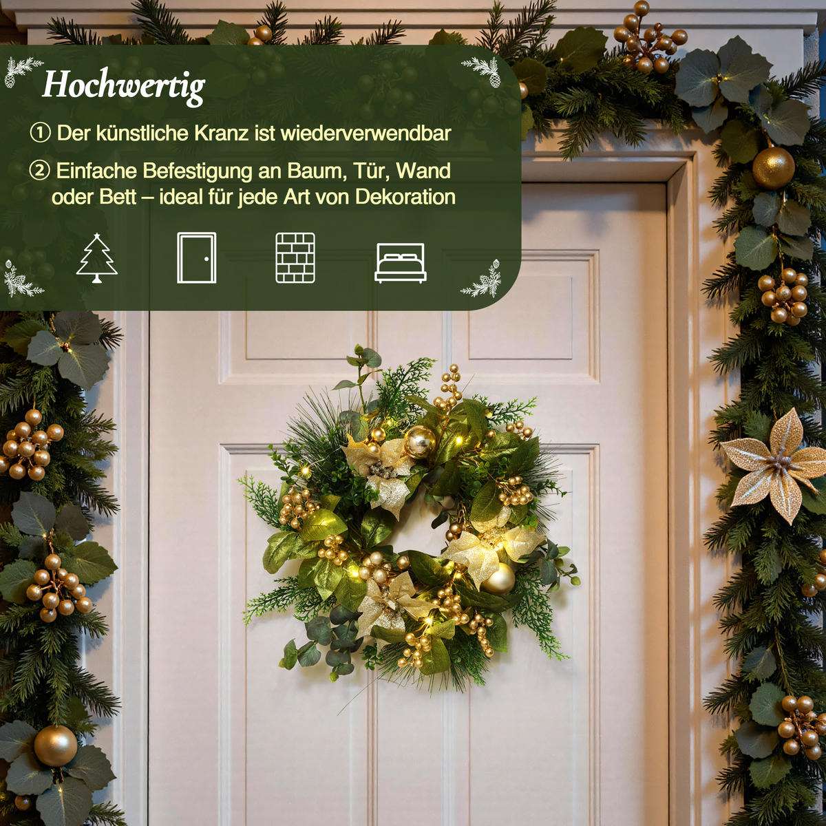 40 cm Weihnachtskranz mit LED&Timer, Goldblüten & Eukalyptus - Grün, Kunststoff (50cm) - Hometopia