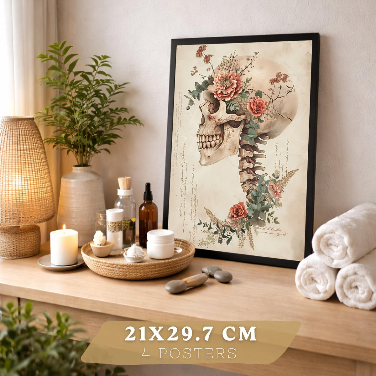 POSTER Set aus 4 Vintage Anatomie Drucke und Wandbilder mit Blumen Herz Lungen Schädel und Gehirn Wanddekoration Größe Schwarzer Rahmen A4 - Schwarz, Papier (21/29.7/3cm) - Nacnic