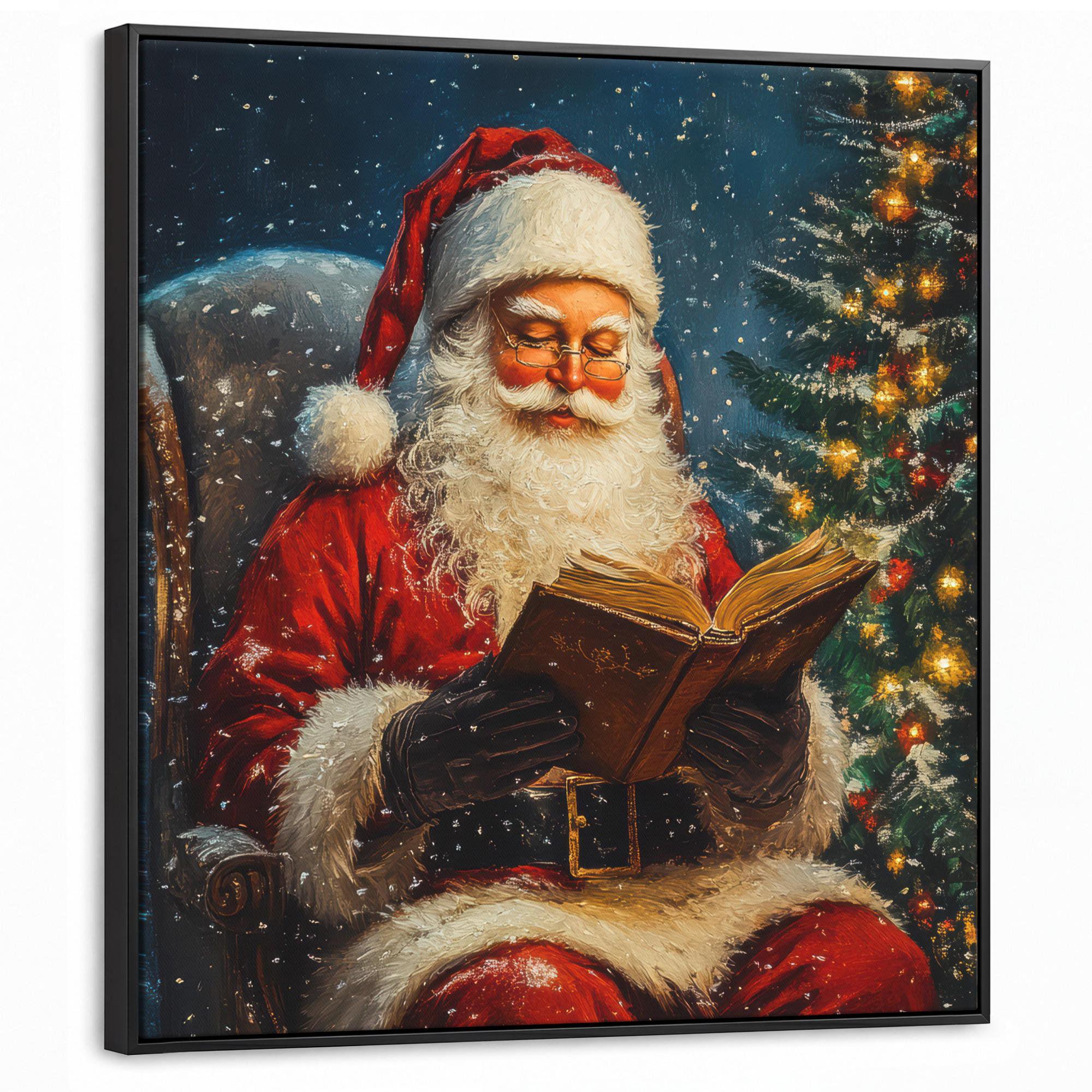 LEINWAND Bilder mit Rahmen - Weihnachtsmann - Weihnachten - Winter - Weihnachtsbaum - 90x90 - Bordeaux, Textil (90/90cm) - MuchoWow